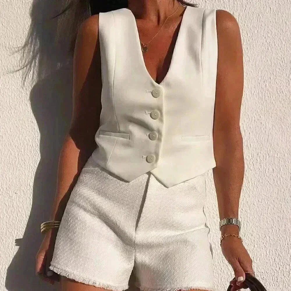 White Elegant Women's European And American Style Casual Slim Fit Sleeveless Tan